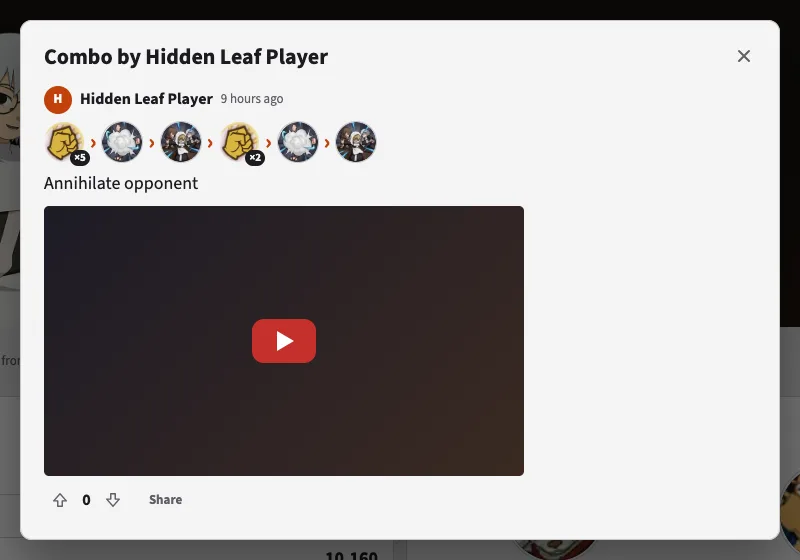 Combo details dialog with steps, note, video and votes