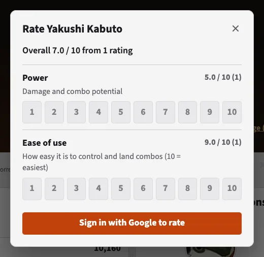 Rating dialog with 1 to 10 scores for Power and Ease of use